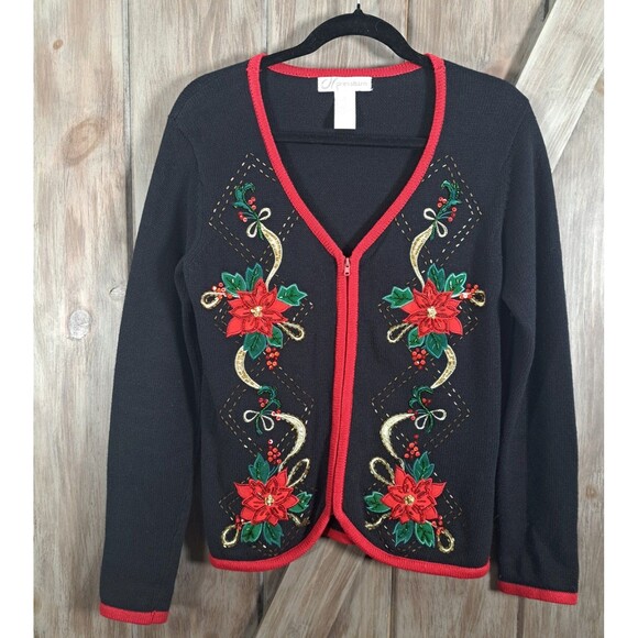 VTG Dress Barn Zip Up Cardigan Sweater Embroidered Beaded Christmas Sz S Roomy - Picture 2 of 10